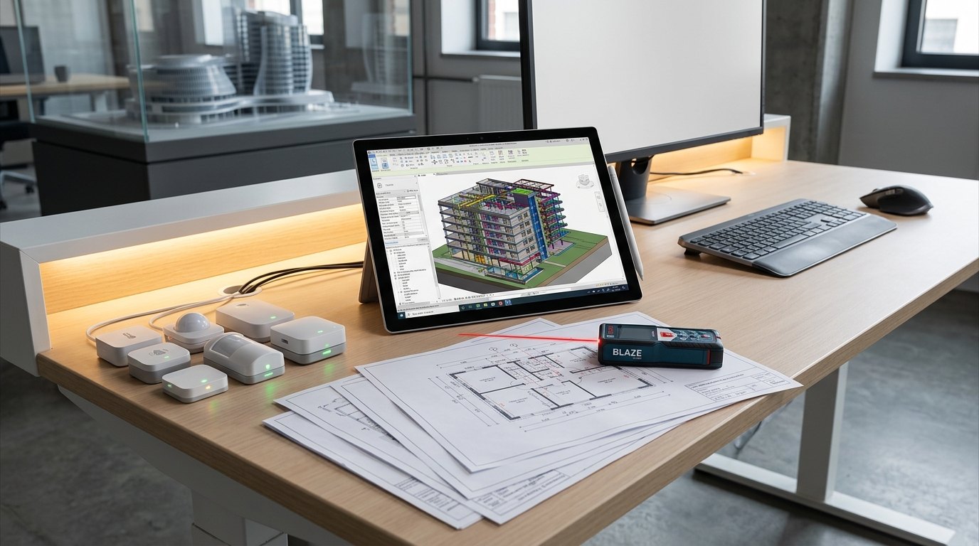Plans, capteurs et tablette de modélisation sur un bureau